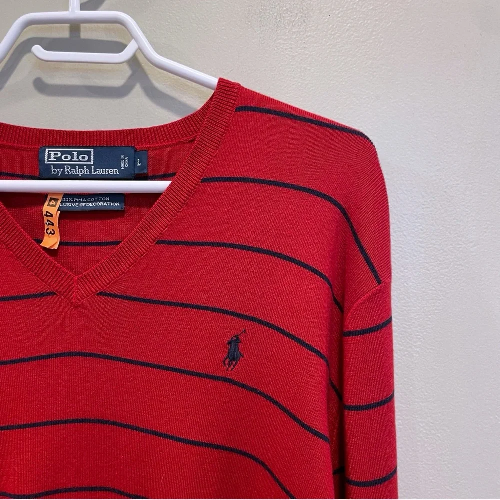 Ralph Lauren Red V-Neck Sweater with Black Stripes - Picture 3 of 6